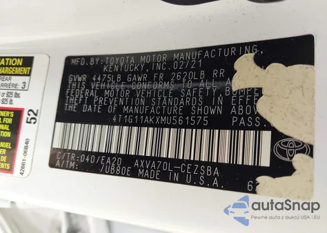 2021 Toyota Camry Se из США, поврежденный, VIN 4T1G11AKXMU561575